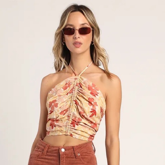 Lulus Tops - NEW Beige Floral Print Ruched Lace-Up Halter Top